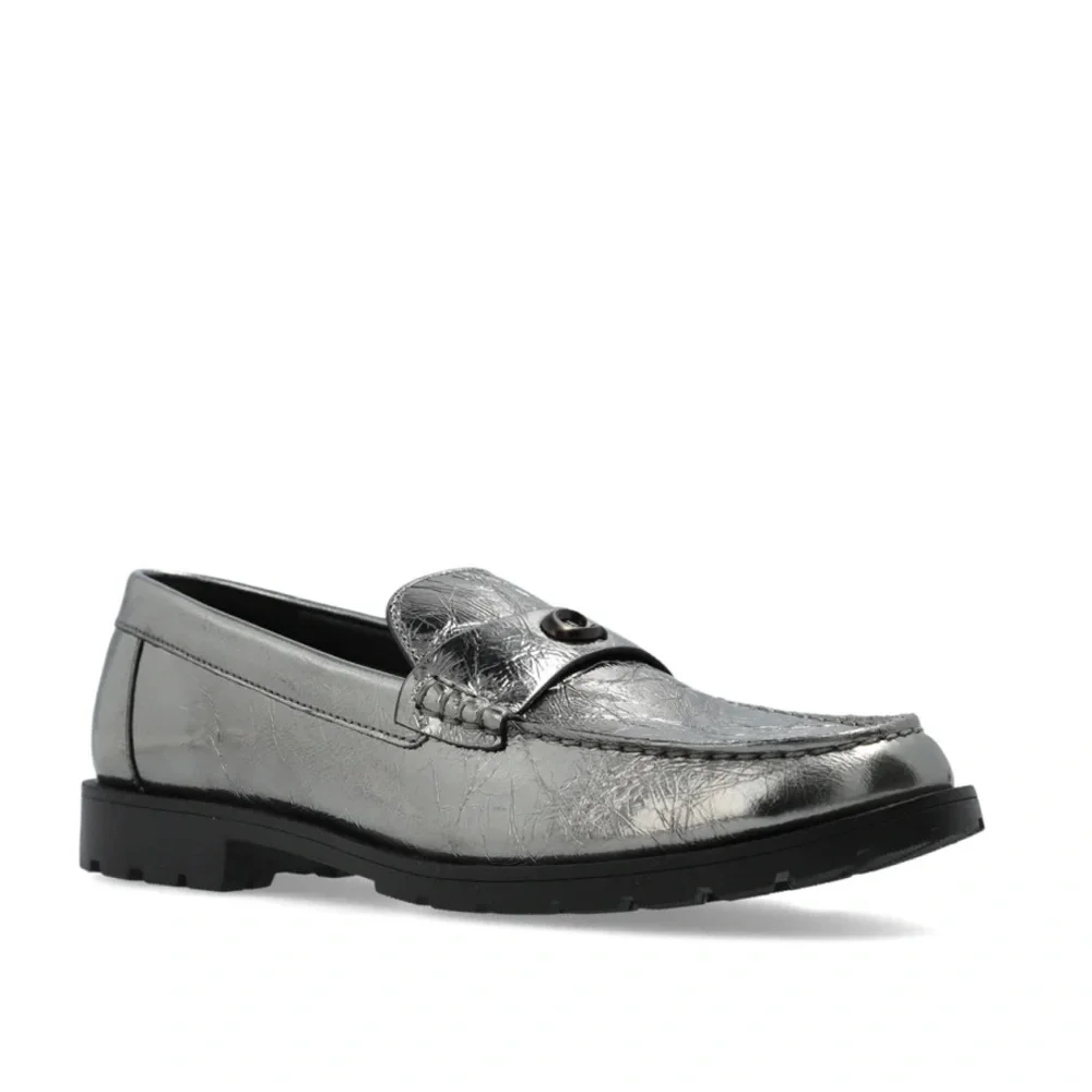 Coach‎ Jocelyn Crinkle Leather Logo Silver Loafers Size 6 NWT